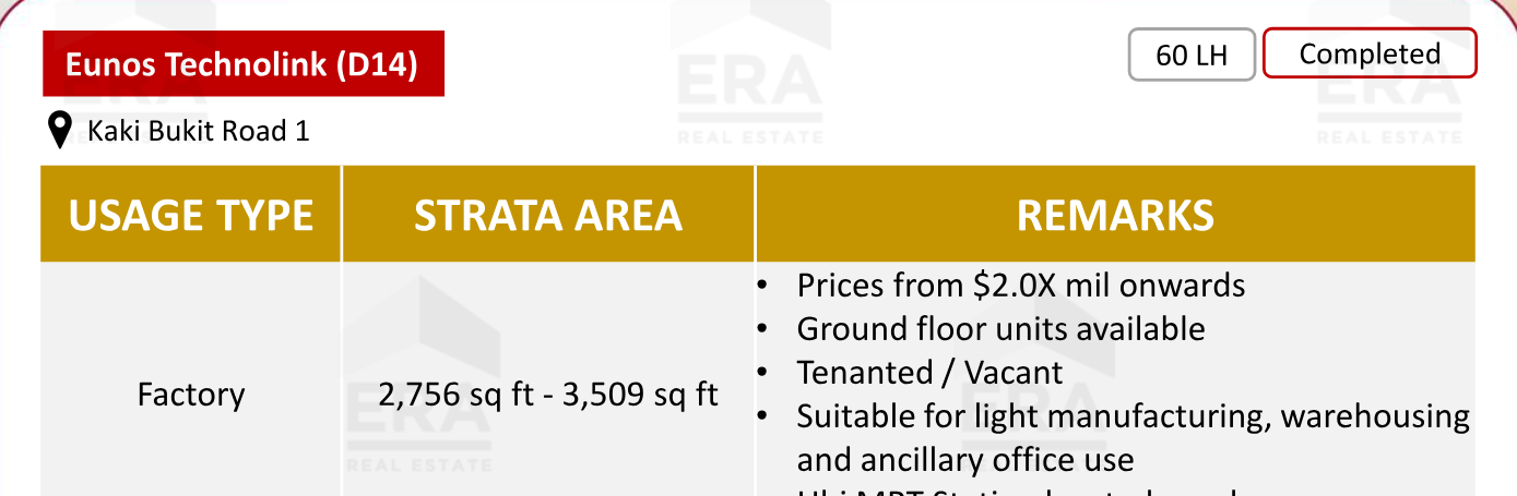 Eunos Technolink — units & pricing
